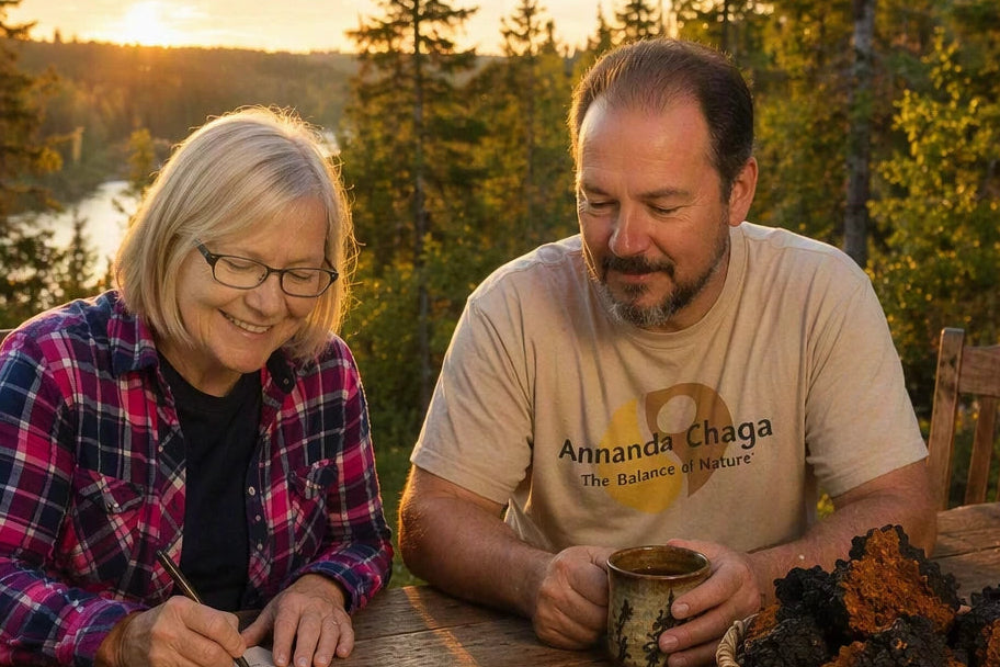 Heather and Blair sharing chaga tea at a forest table in Northern Ontario, reflecting gratitude, community, and the personal relationships behind Annanda Chaga.