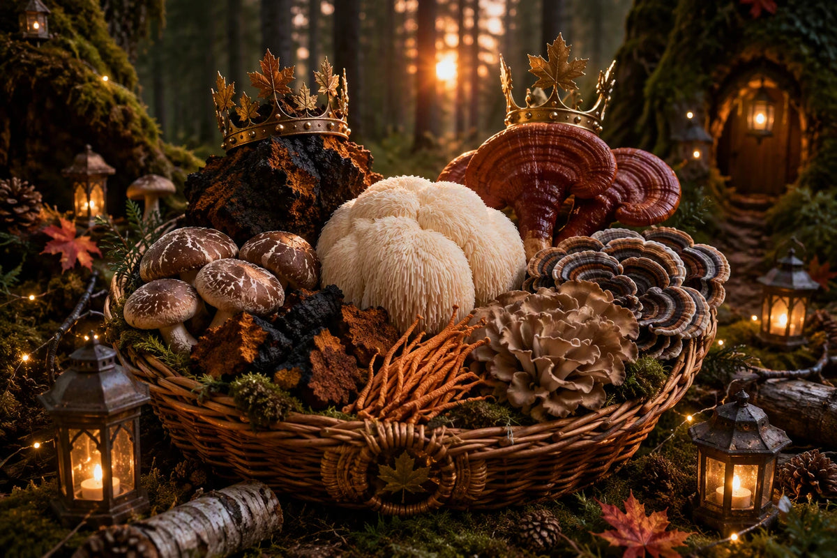 A wicker basket filled with assorted mushrooms,  with two small gold crowns, set in a mystical forest scene with lanterns and moss.