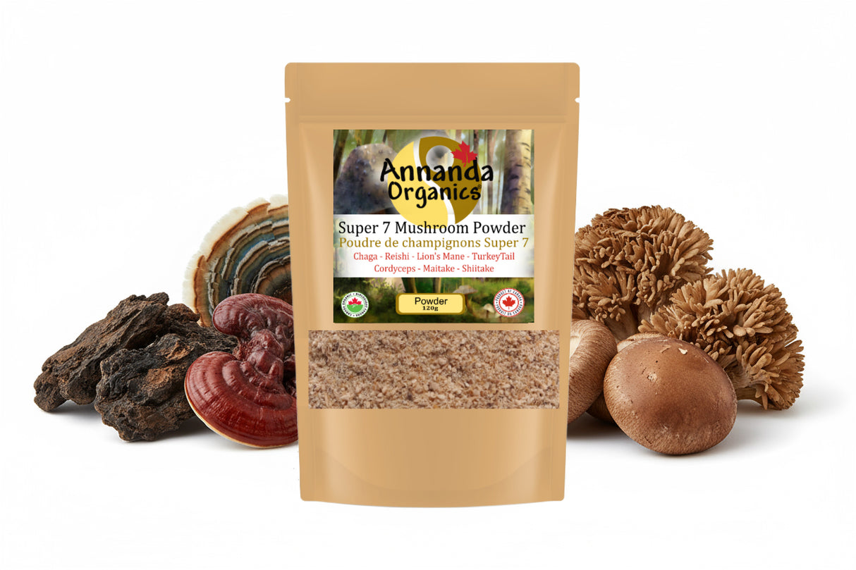 Organic 7 Mushroom Powder from annanda organics with mushrooms in background