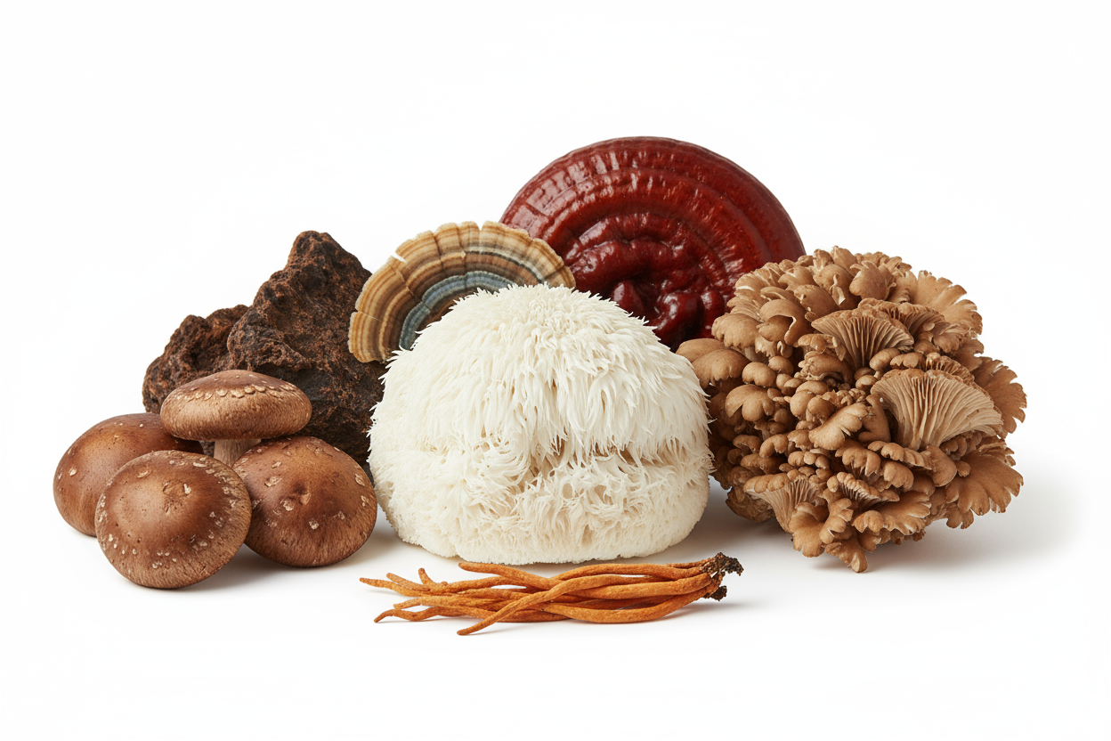 Assorted mushrooms on a white background