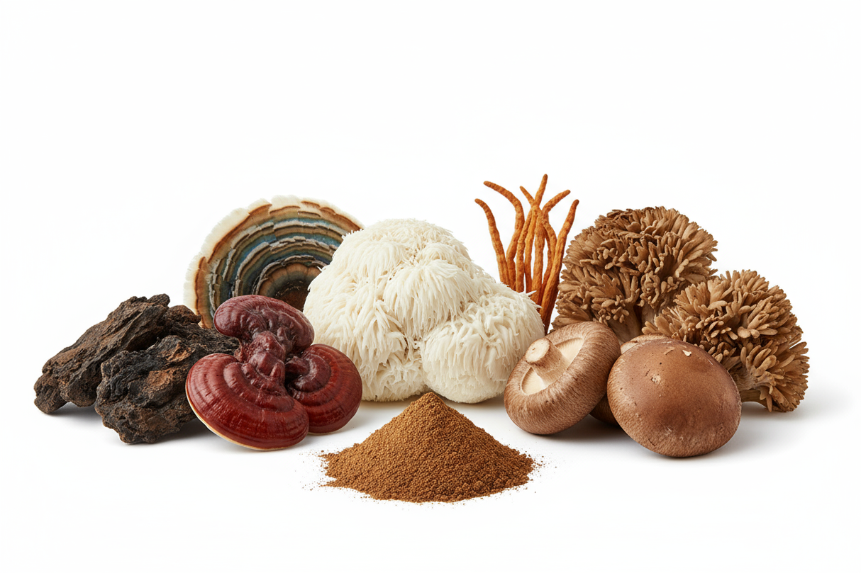 7 mushroom powder chaga, reishi, turkey tail, lion's mane, cordyceps, maitake, and shiitake mushrooms grouped together on white background