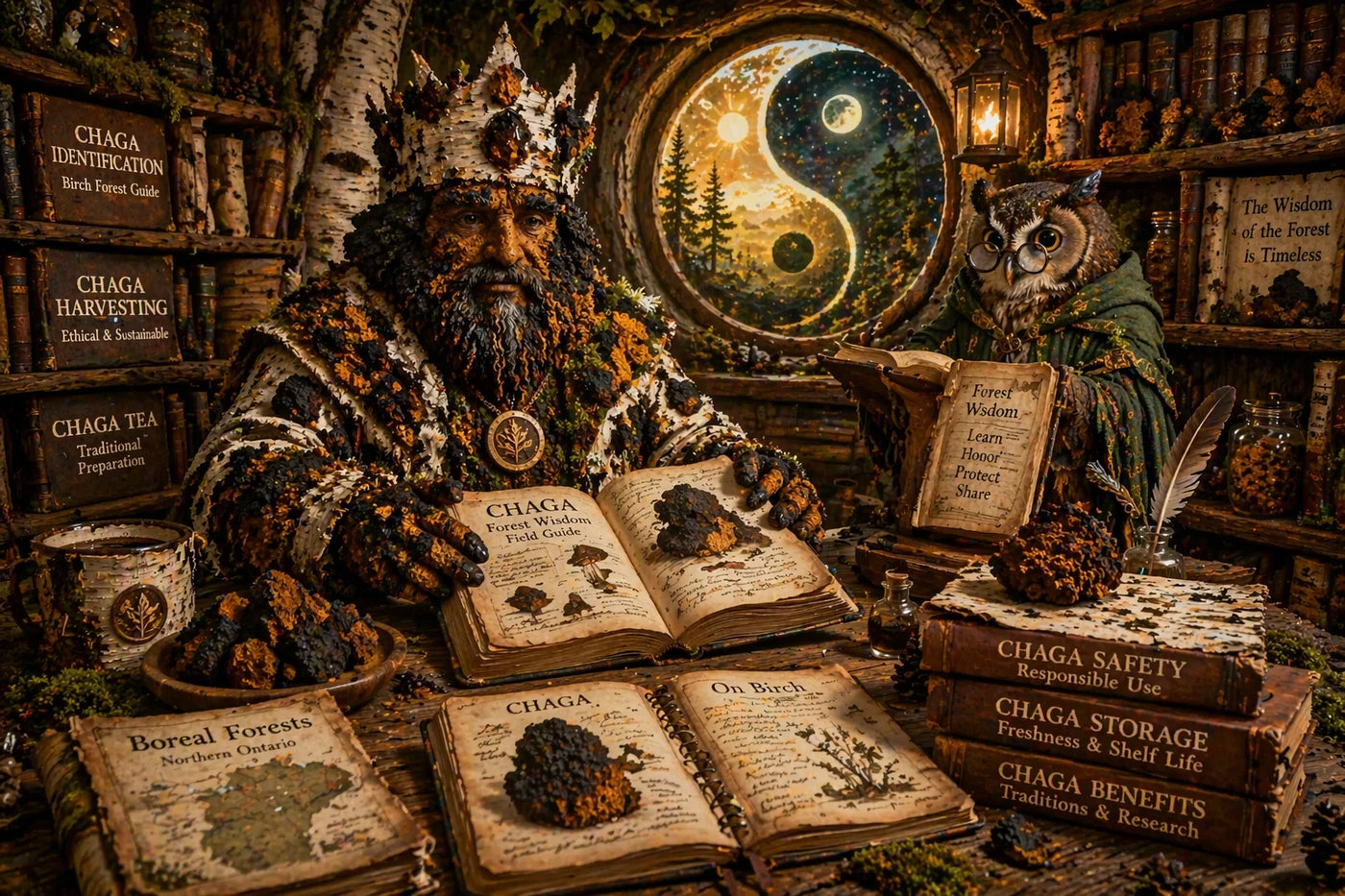 King Chaga and the Owl of Wisdom studying chaga identification, harvesting, tea preparation, safety, and Boreal Forest knowledge within the Chagapedia Library of Forest Wisdom.