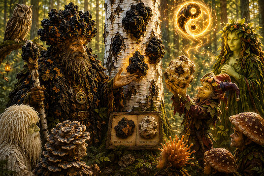 King Chaga teaching chaga identification beside a birch tree with authentic chaga while a Mushroom Kingdom jester displays a birch burl mistaken for chaga beneath the Forest Wisdom yin yang symbol.