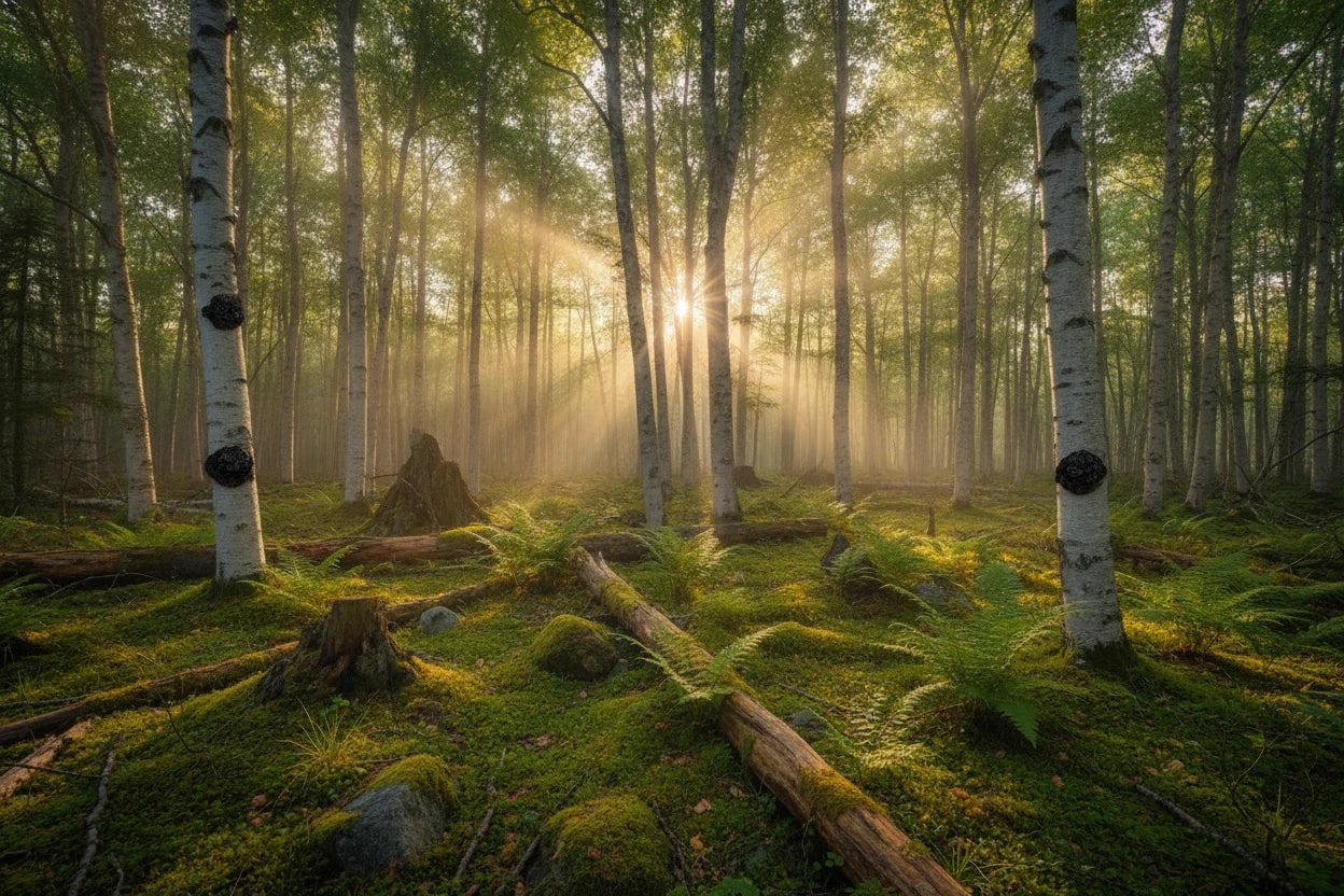 Northern Ontario boreal forest with white birch trees, moss-covered forest floor, and soft morning sunlight filtering through the canopy.