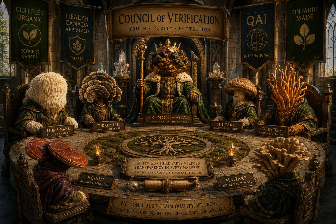 King Chaga presiding over the Council of Verification as Queen Reishi, Lion's Mane Sage, Turkey Tail Elder, Shiitake Royal Chef, Maitake Royal Guard, and Cordyceps Explorer review standards of purity, testing, and stewardship within the Mushroom Kingdom.