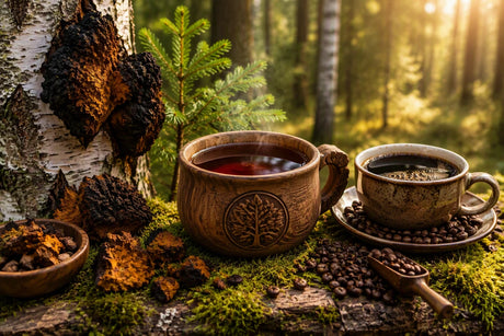 Freshly brewed chaga tea beside wild chaga on a birch tree with a coffee cup in a Canadian boreal forest, illustrating the difference between traditional chaga tea and coffee.