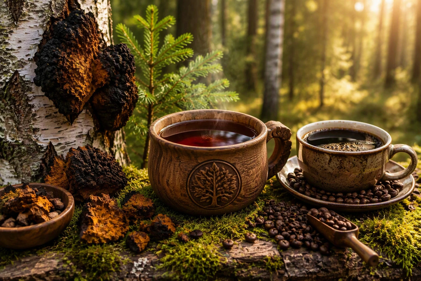 Freshly brewed chaga tea beside wild chaga on a birch tree with a coffee cup in a Canadian boreal forest, illustrating the difference between traditional chaga tea and coffee.