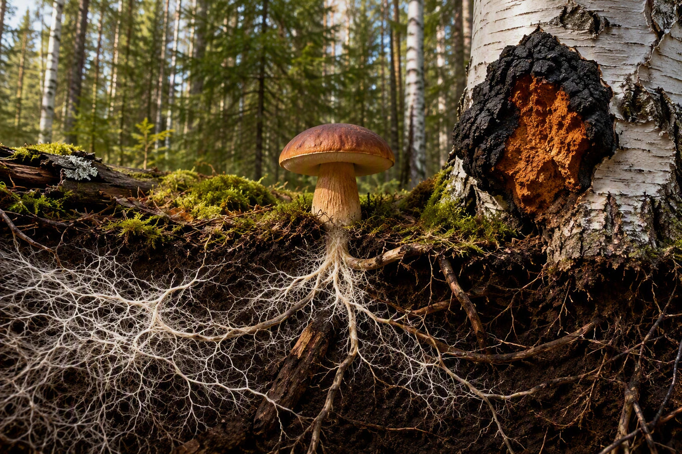Illustration of fungal structure showing mycelium beneath the forest floor, a mushroom fruiting body, and wild chaga (Inonotus obliquus) growing on a birch tree.