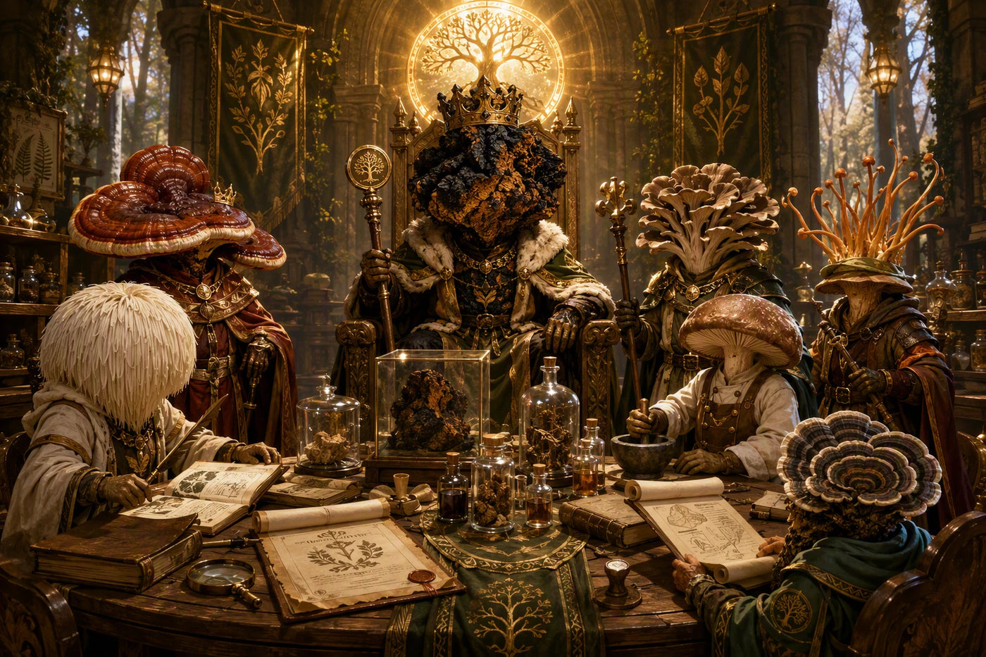 King Chaga presiding over the Hall of Standards as the Mushroom Kingdom Council reviews harvest records, laboratory testing vessels, organic certification archives, and verified quality standards beneath a glowing Forest Wisdom symbol.