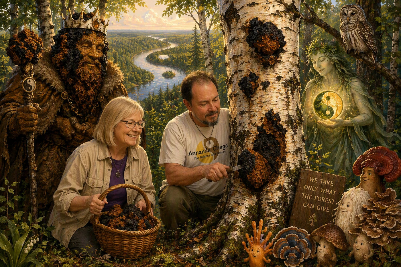 Heather and Blair harvesting wild chaga responsibly from a living birch tree in the Canadian Boreal Forest alongside King Chaga, representing ethical harvesting, forest stewardship, and respect for nature.