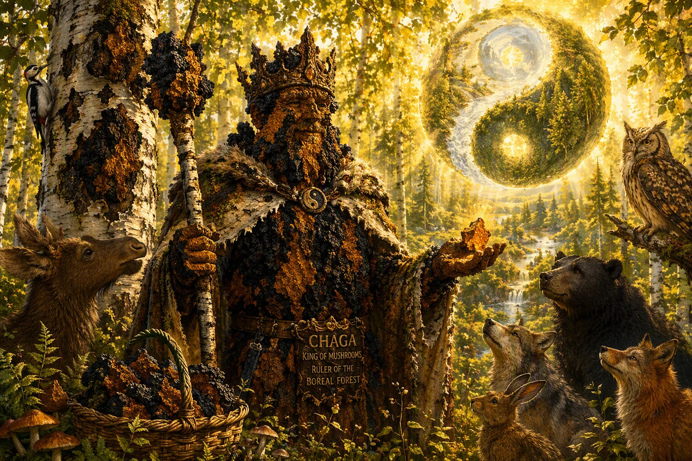 King Chaga sharing the gifts of the forest beneath a living birch tree, surrounded by mushrooms, forest plants, and wildlife in the Canadian Boreal Forest.
