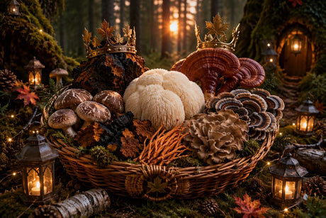 Mushroom Kingdom harvest gathering in a Boreal forest, featuring baskets filled with chaga, reishi, lion's mane, turkey tail, maitake, cordyceps and shiitake mushrooms illuminated by warm lantern light.
